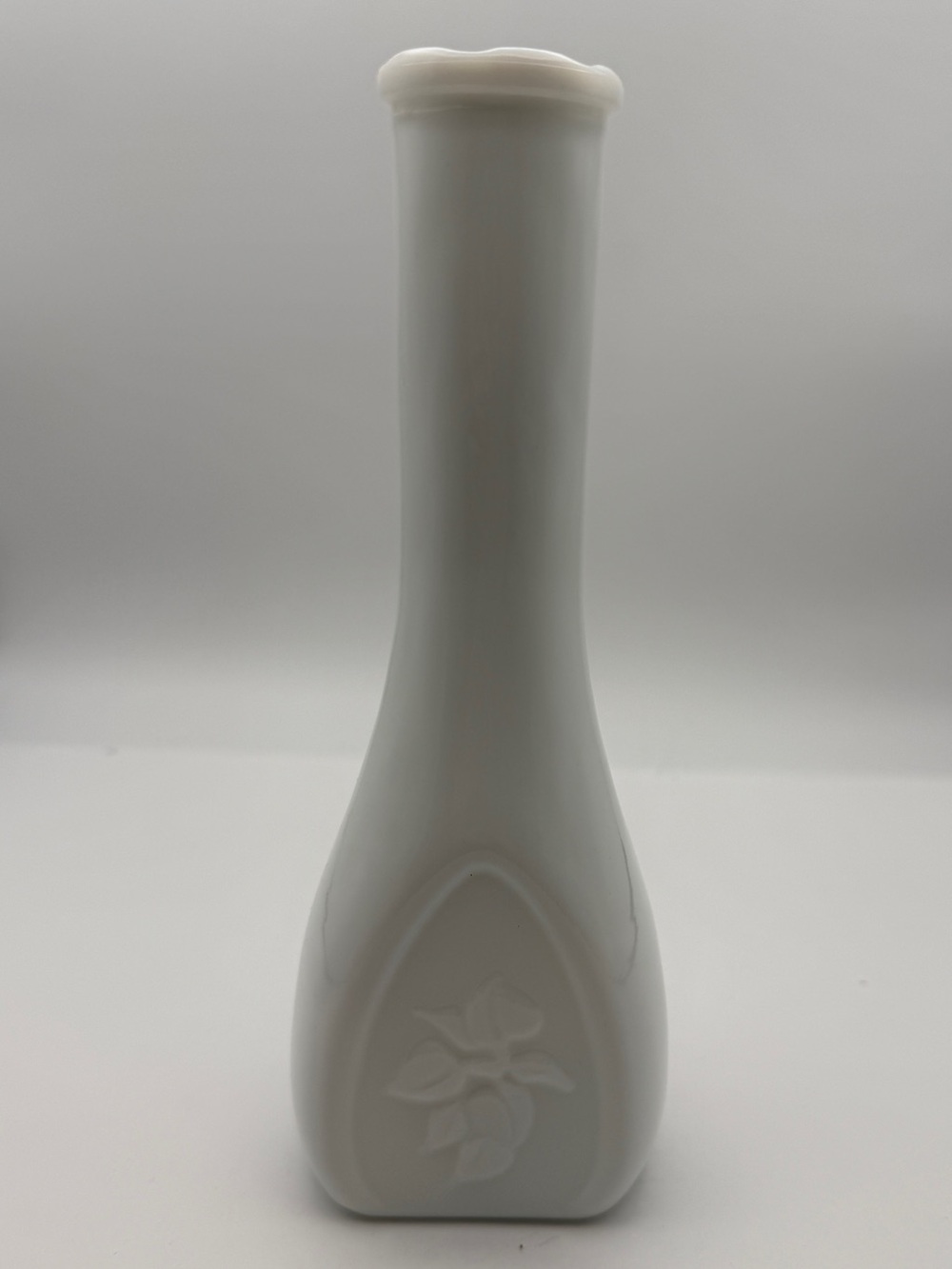 Vintage vase milk glass with embossed vines and scalloped rim